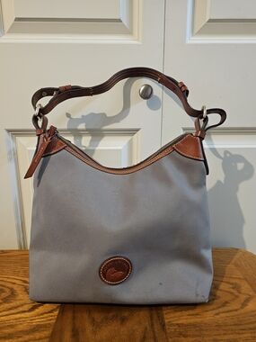 Dooney & Bourke Gray Nylon Shoulder Bag with Brown Leather Trim and Handle